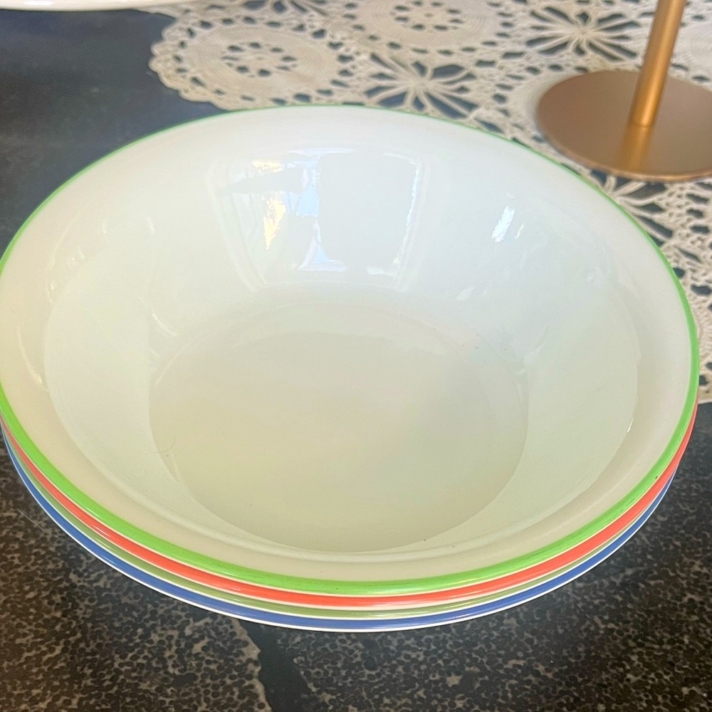 EUC Corelle white w/green, blue, pink trim 
7" round cereal bowls